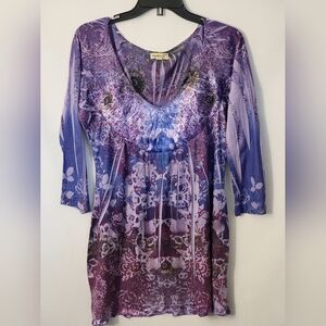 ONE WORLD Lavender and Violet Patterned Tunic Top Size M
